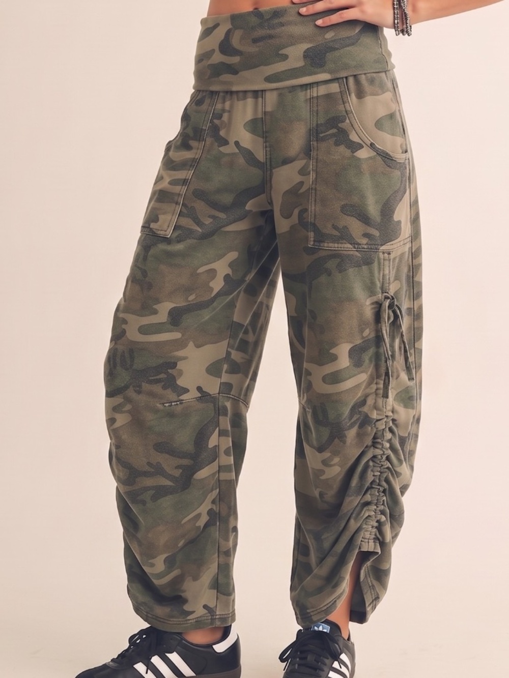 NOVEMBER DROP LovLov Mineral Washed Camo Ruched Barrel Pants